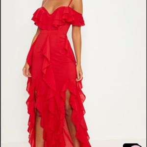 PrettyLittleThing Red Ruffle Maxi Dress